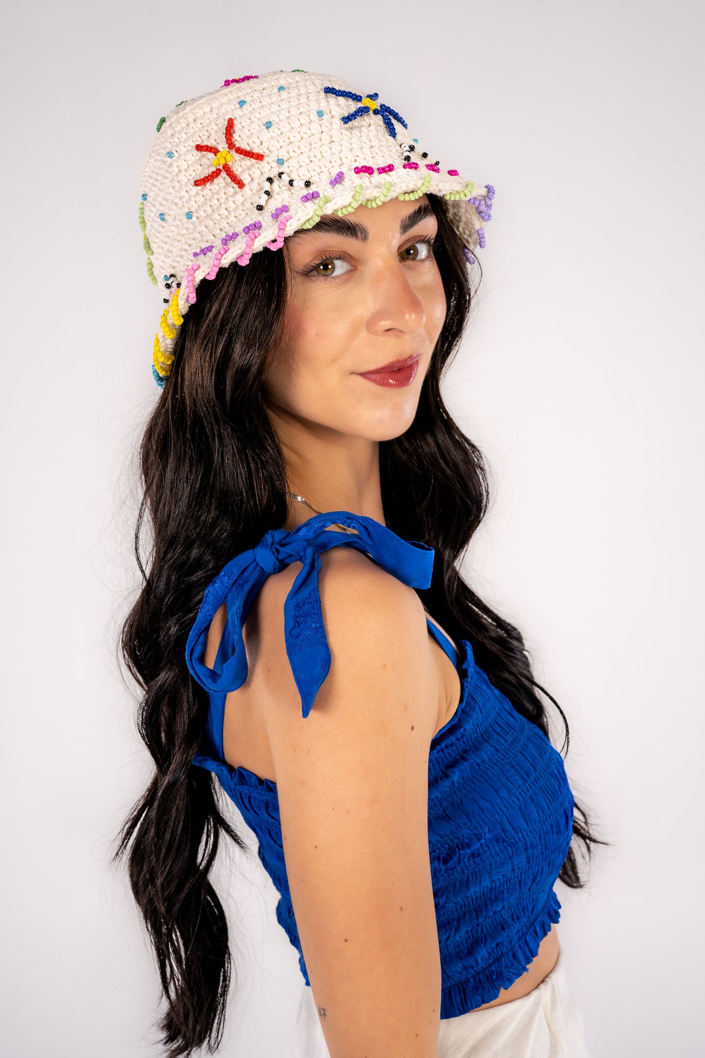 White Beaded Bucket Hat