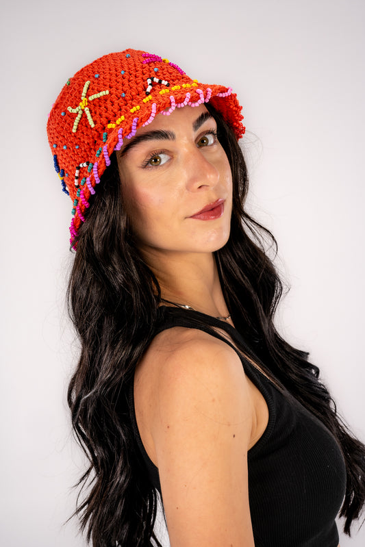 Orange Beaded Bucket Hat